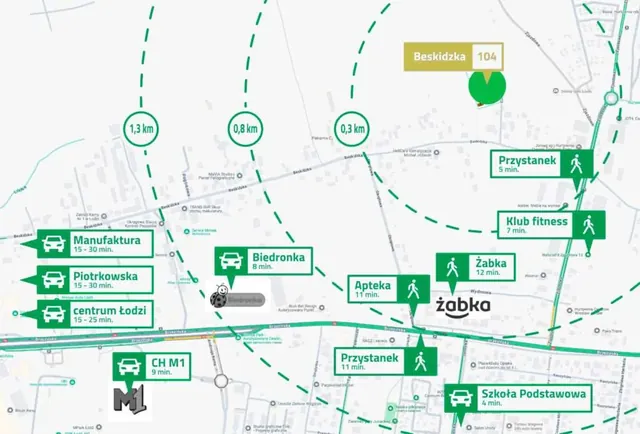 Mapa okolicy osiedla Beskidzka 104 w Łodzi: przystanki, sklepy, szkoła, centrum handlowe M1